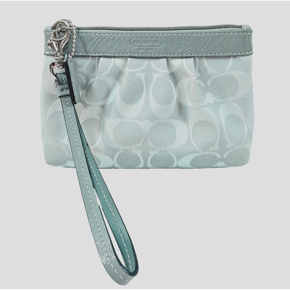 Coach Signature C Jacquard Wristlet Gray Silver Zip Top Small Clutch